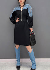 Vestido largo vaquero ajustado de manga larga con cuello en V, cremallera y patchwork en negro